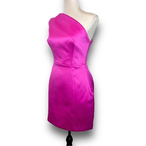House of CB Ayelen One Shoulder Duchess Satin Mini Dress in Magenta, Size M - Picture 2 of 10